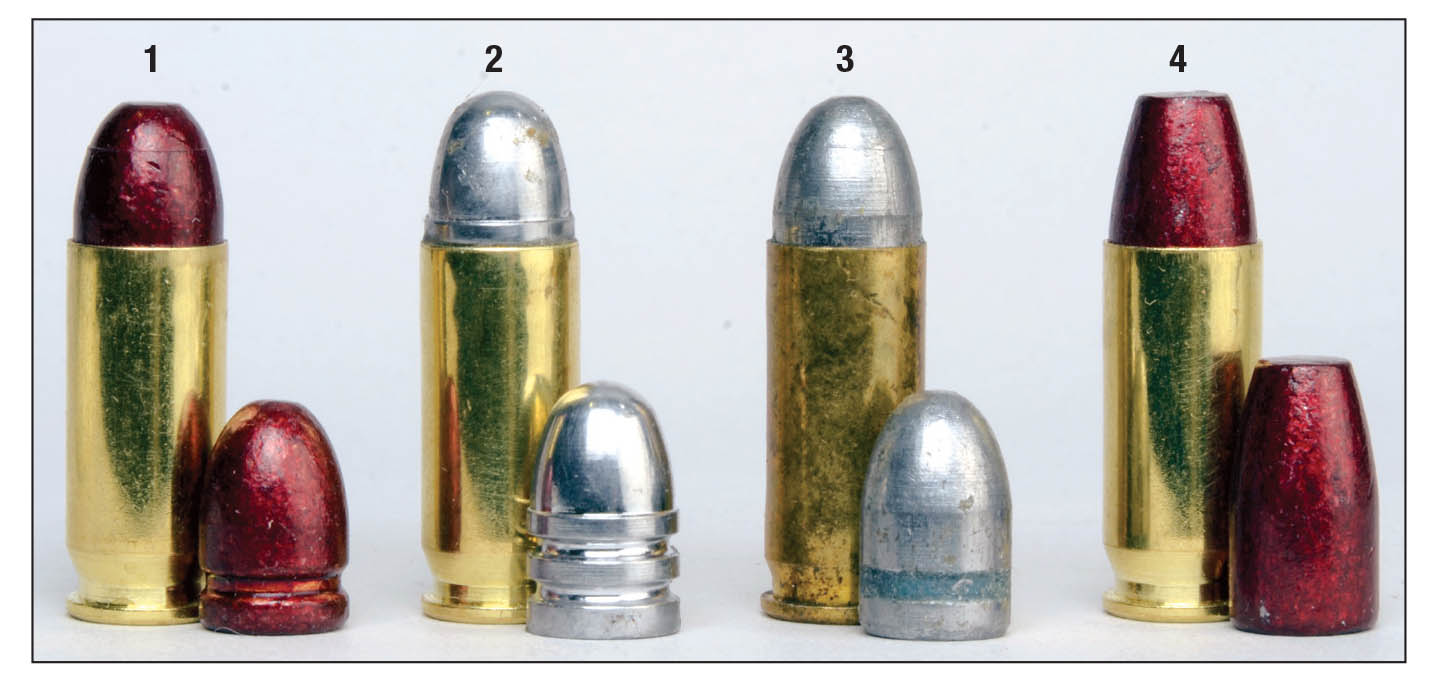Four cast bullets used for .38 Super handloading include a (left to right): (1) Missouri Bullet Company 125-grain RN (coated), (2) Lyman No. 356242 120, (3) Oregon Trail Bullet Company 125 RN and a (4) Missouri Bullet Company 147 FN (coated).